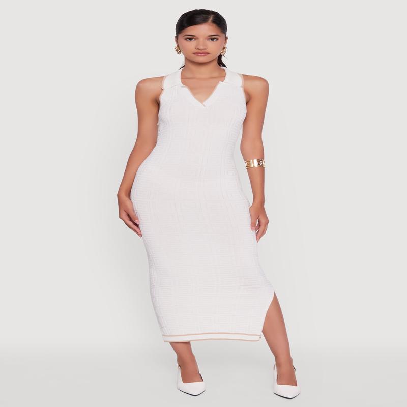 Textured Knit Greek Key Patterned Midi Dress