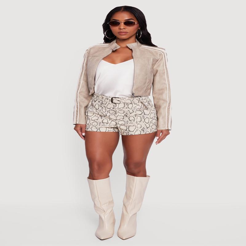 Contrast Trim Cropped Zip Front Moto Jacket