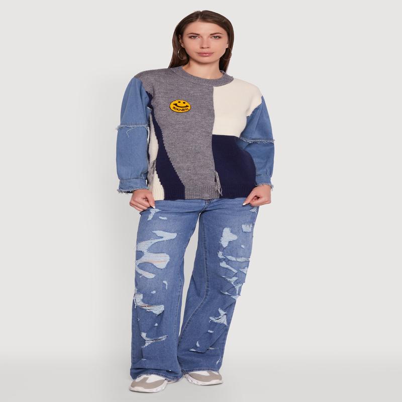 Daisy Color Blocked Denim Sleeve Sweater