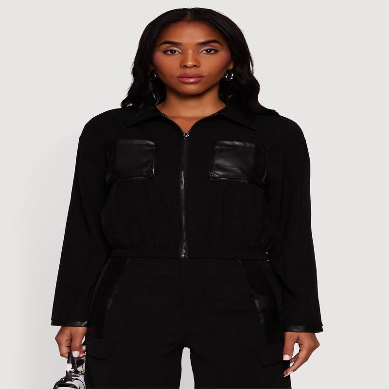 Faux Leather Detail Zip Front Twill Jacket
