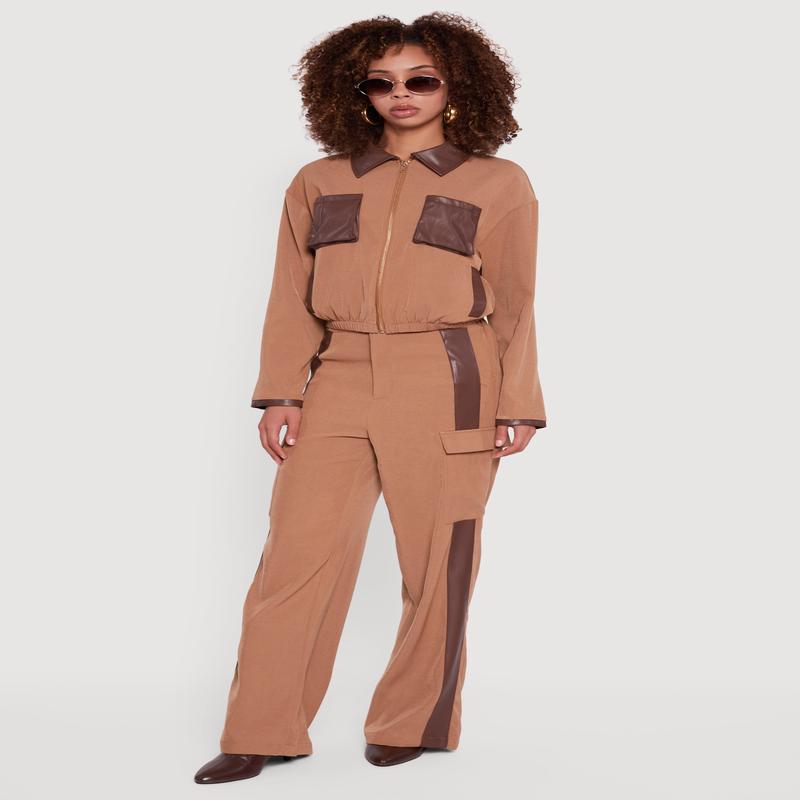 Faux Leather Side Stripe Cargo Dress Pants