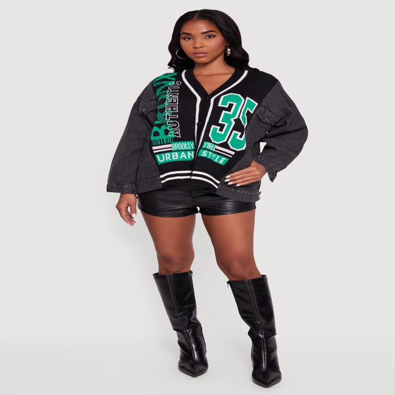 Oversized Color Blocked Streetwear Graphic Knit Denim Jacket