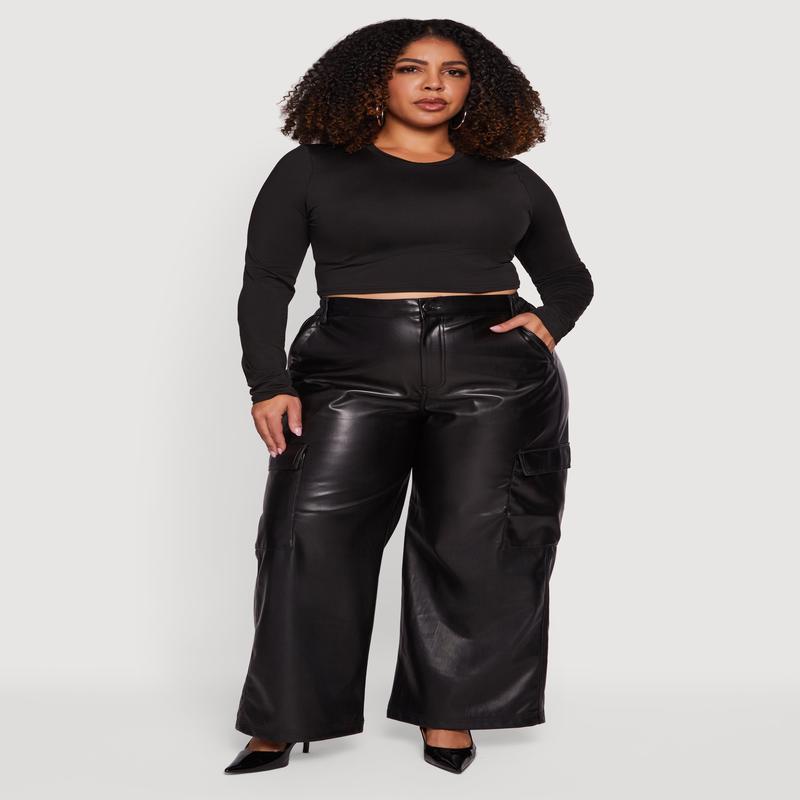 Plus Size High Waisted Faux Leather Cargo Pants
