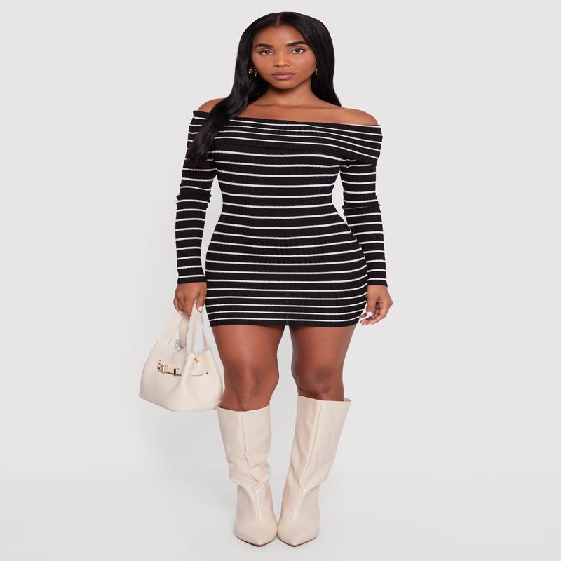 Striped Fold Over Off the Shoulder Bodycon Dress