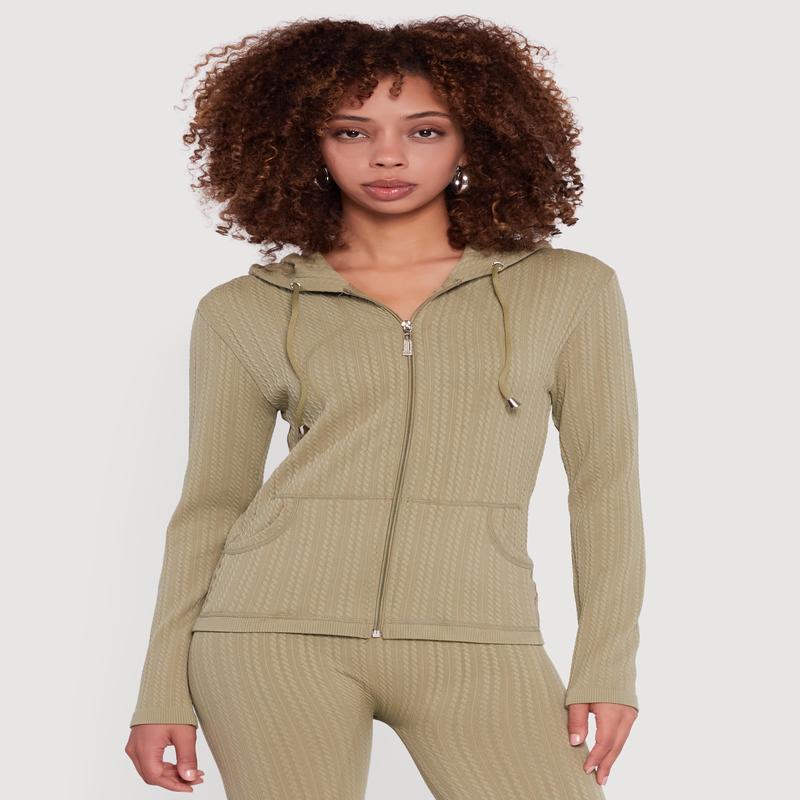 Textured Knit Zip Front Hoodie