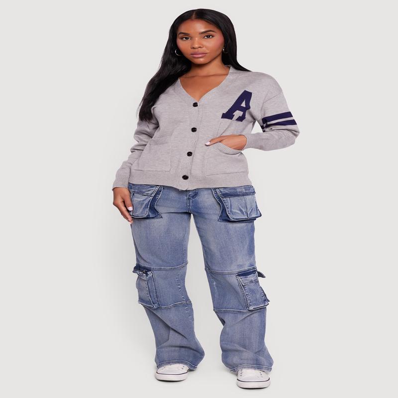 A Initial Button Front Varsity Cardigan