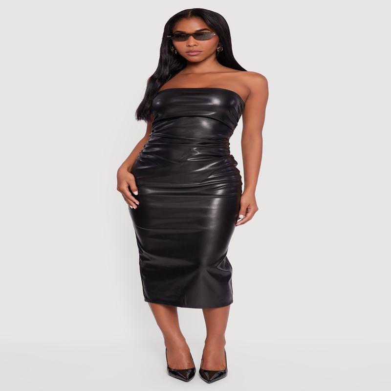 Faux Leather Ruched Side Tube Midi Dress