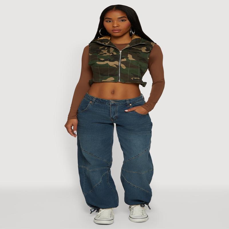Hooded Zip Front Cropped Camouflage Vest