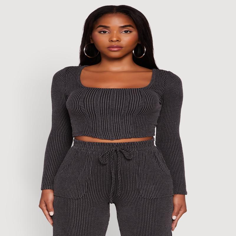 Rib Knit Shadow Stripe Corset Detail Crop Top