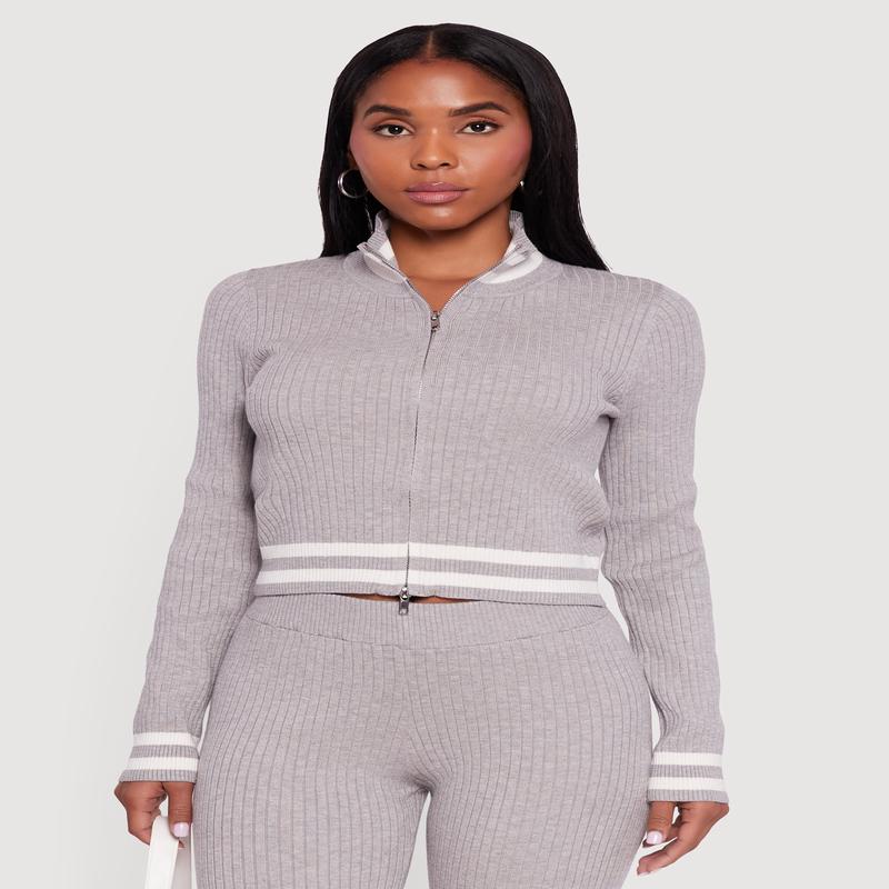 Varsity Stripe Detail Zip Front Sweater