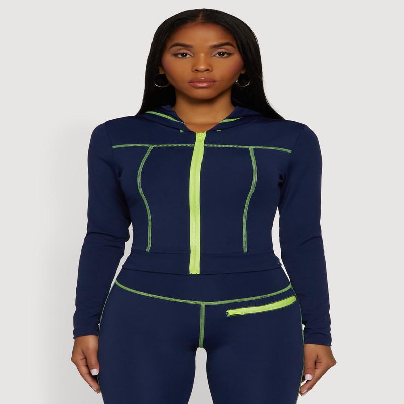 Zip Front Hooded Track Jacket with Decorative Stitching