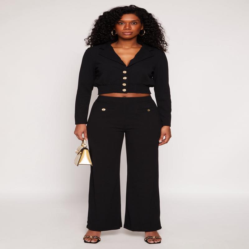 Button Detail Wide Leg Dress Pants