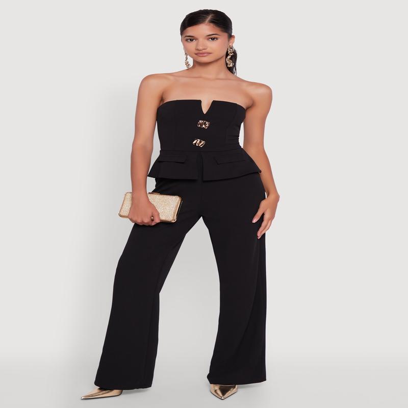 Metallic Button Faux Pocket Peplum Detail Wide Leg Jumpsuit