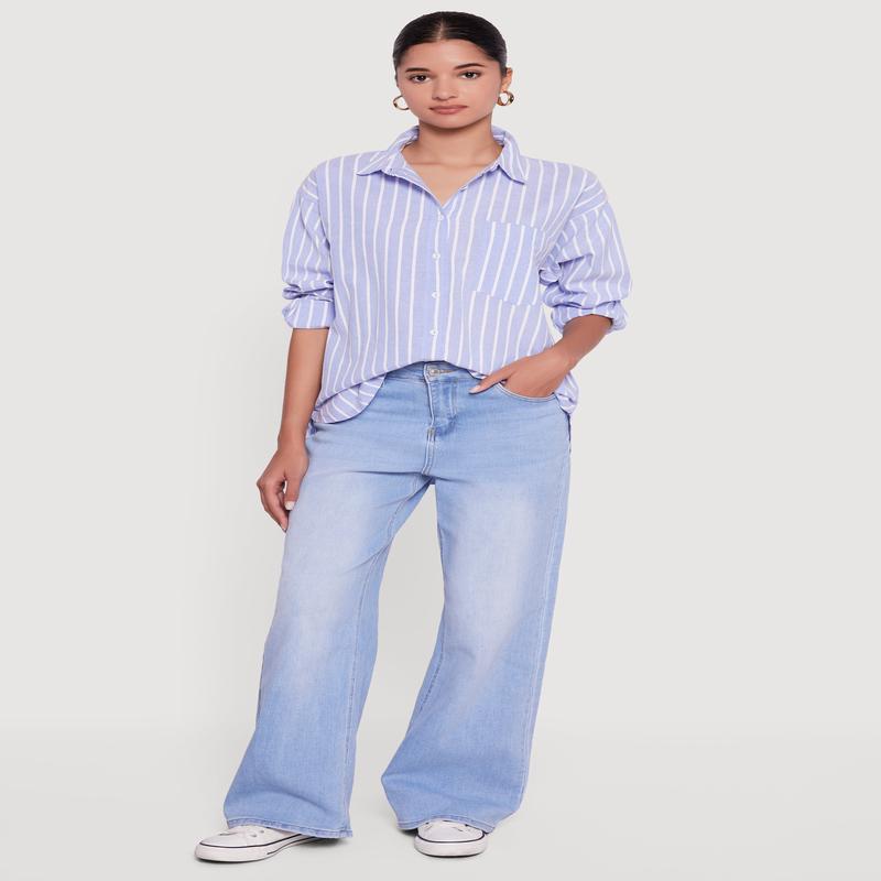 Striped Poplin Button Front Long Sleeve Shirt