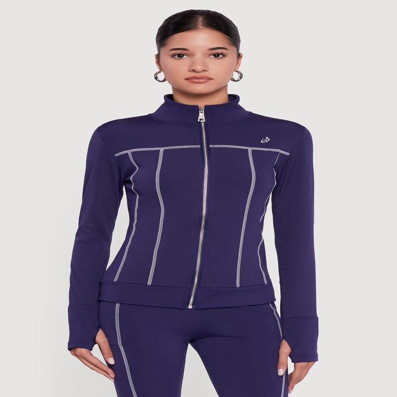 Decorative Stitch Zip Front Mock Neck Track Jacket