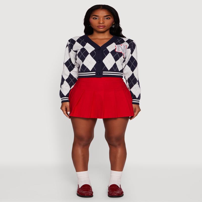 Destination Patch Graphic Argyle Plaid Button Front Cardigan