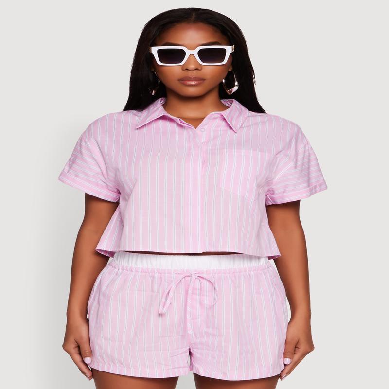Iris Striped Boxy Button Front Cropped Shirt