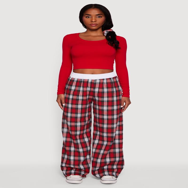 Plaid Contrast Trim High Waisted Wide Leg Pants