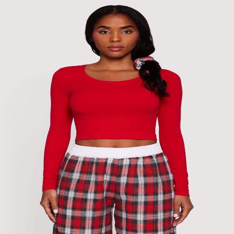 Rib Knit Long Sleeve Crop Top with Scrunchie
