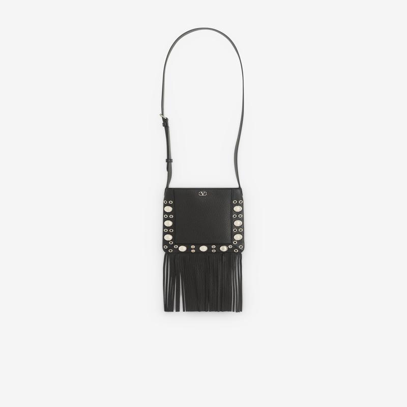 Valentino Garavani - Mens Nellcte Leather Small Shoulder Bag With Fringes - (Black)