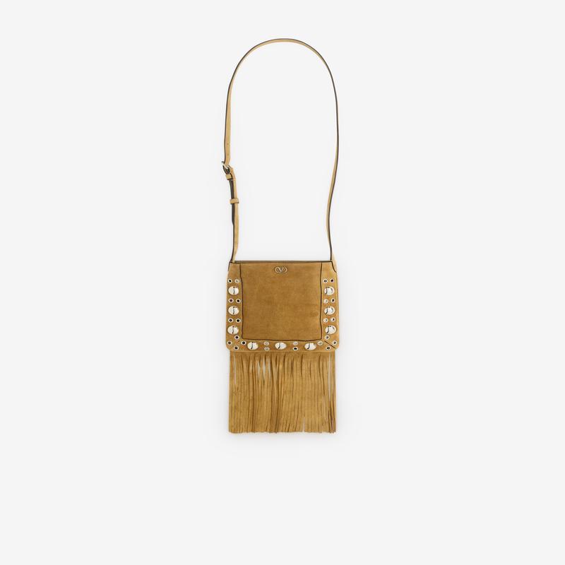 Valentino Garavani - Mens Nellcte Suede Small Shoulder Bag With Fringes - (Havana Beige)