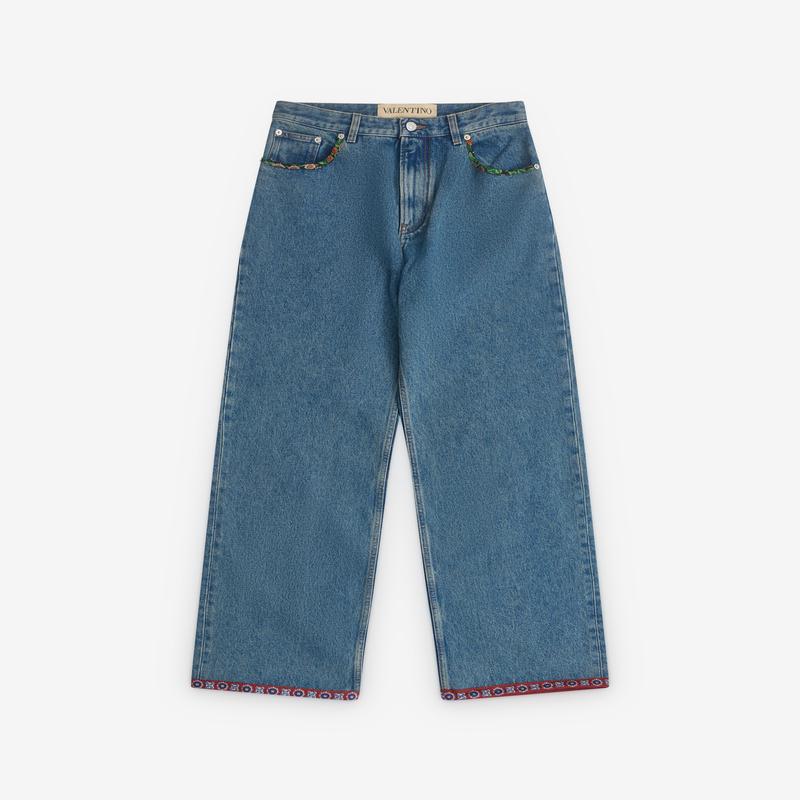 Valentino - Mens Denim Trousers With Printed Border - (Blue)
