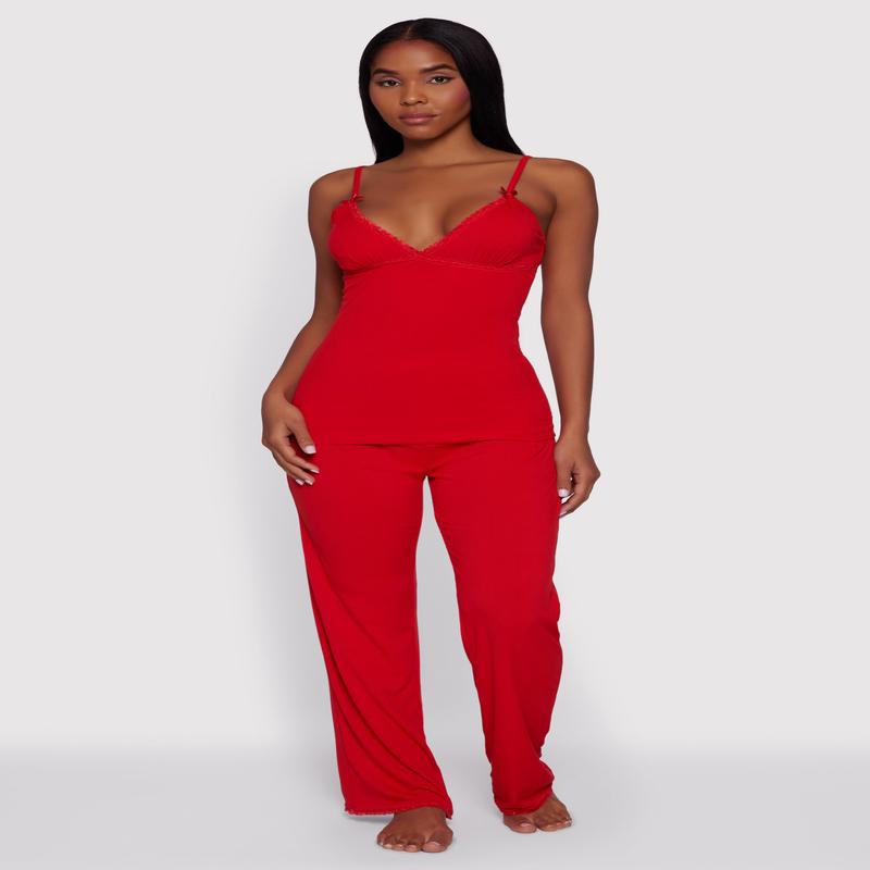 Rib Knit Heart Lace Trim Pajama Cami and Pants Set