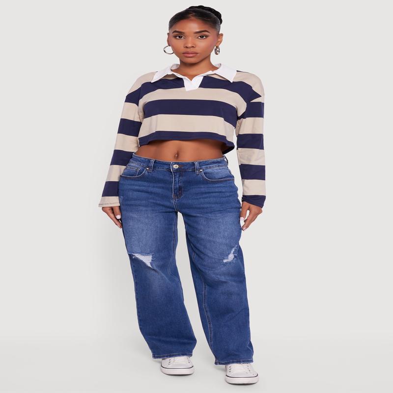 Striped Long Sleeve Polo Crop Top