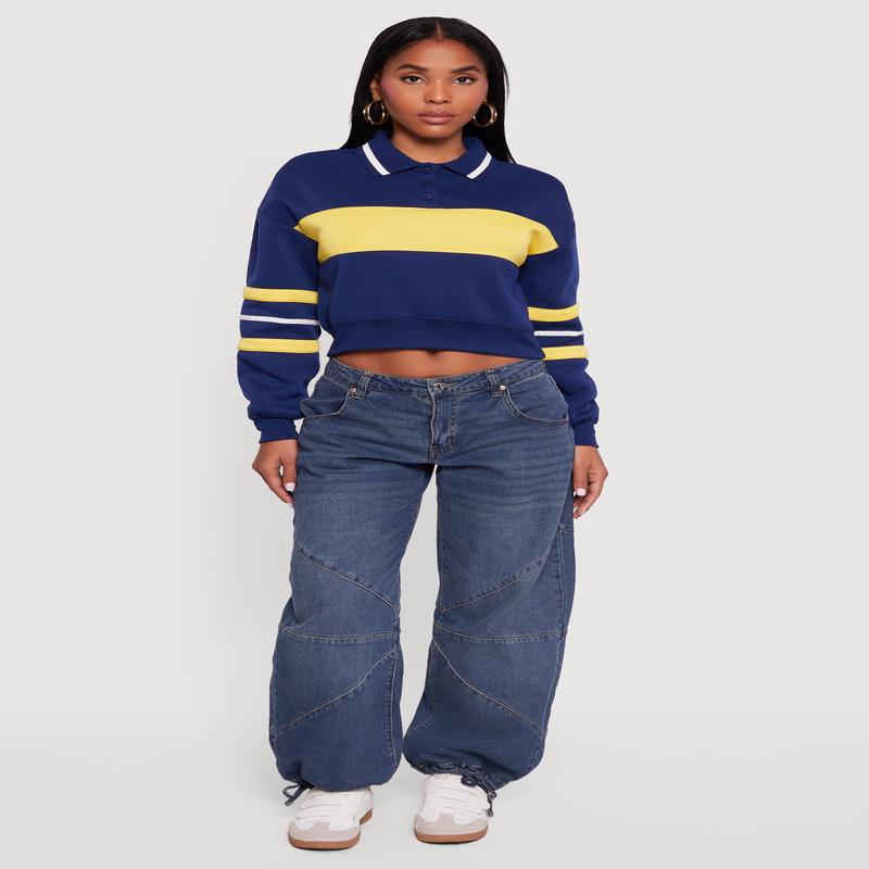 Cropped Color Block Polo Collar Sweatshirt
