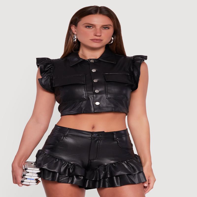 Faux Leather Flutter Sleeve Vest