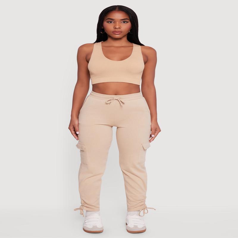 High Waisted Cargo Pocket Side Ruched Sweatpants