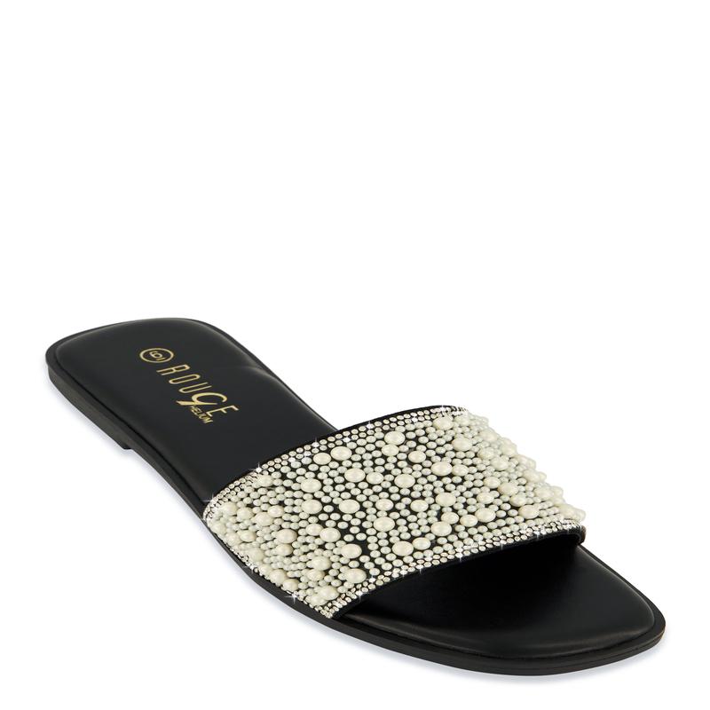 Rhinestone Trim Faux Pearl Band Slide Sandals