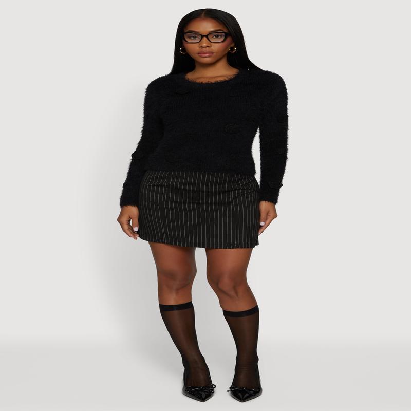 Rose Applique Long Sleeve Eyelash Knit Sweater