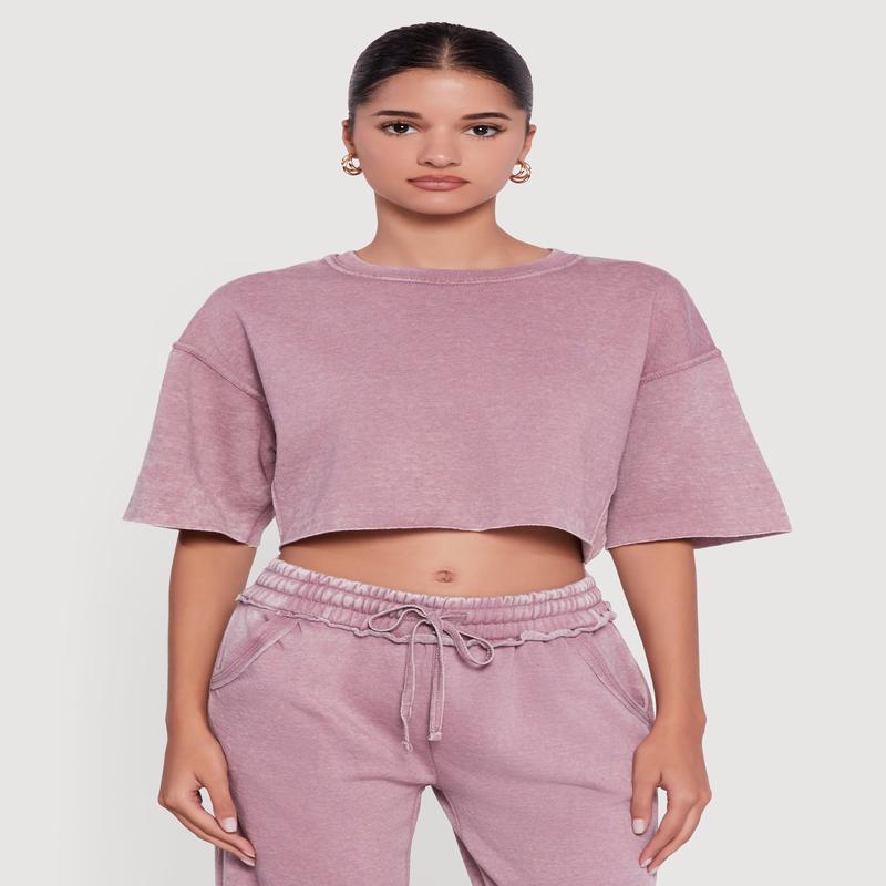 Acid Wash Short Sleeve Cropped Sweatshirt