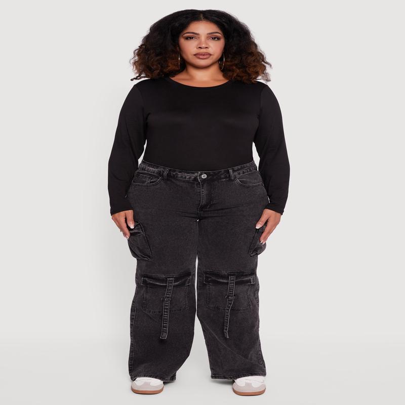 Plus Size VIP Acid Wash Strap Cargo Jeans