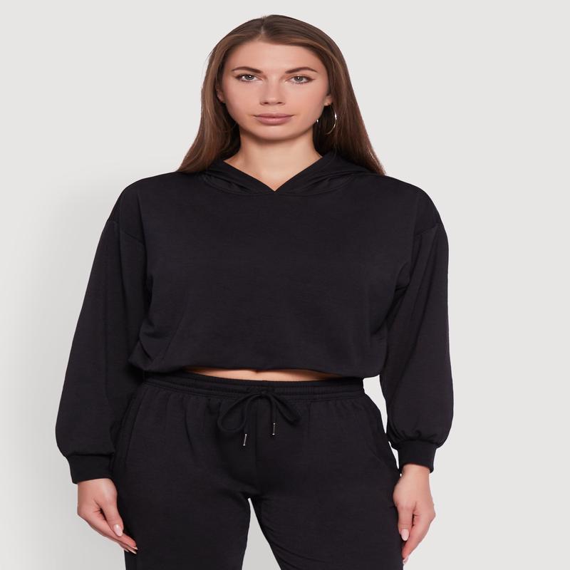 Bubble Hem Fleece Lined Hooded Crop Sweatshirt