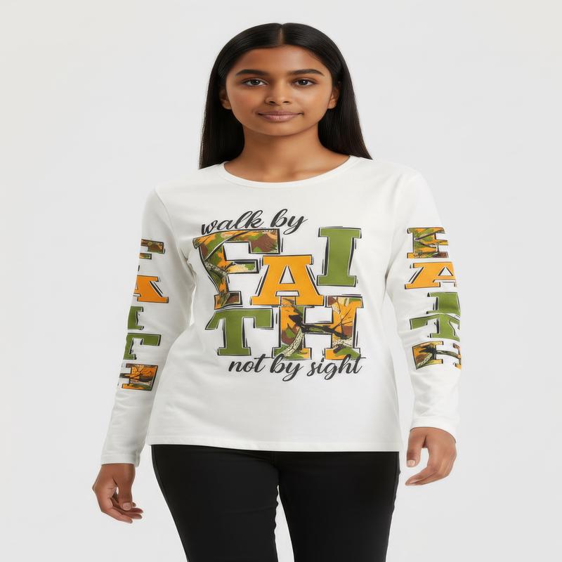 Girls Walk By Faith Not By Sight Graphic Long Sleeve Tee