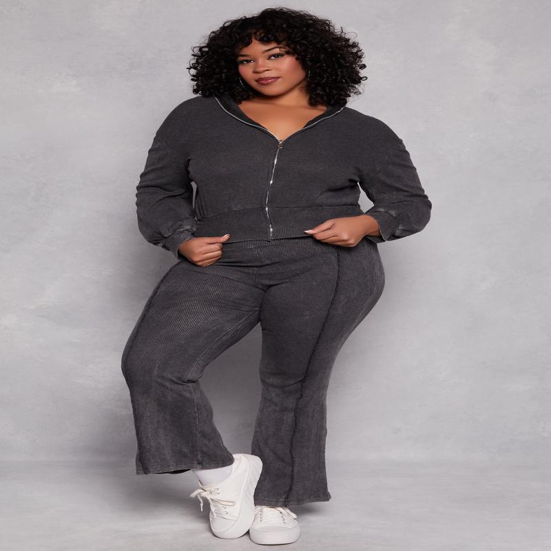 Plus Size Acid Wash Pintuck Flare Pants