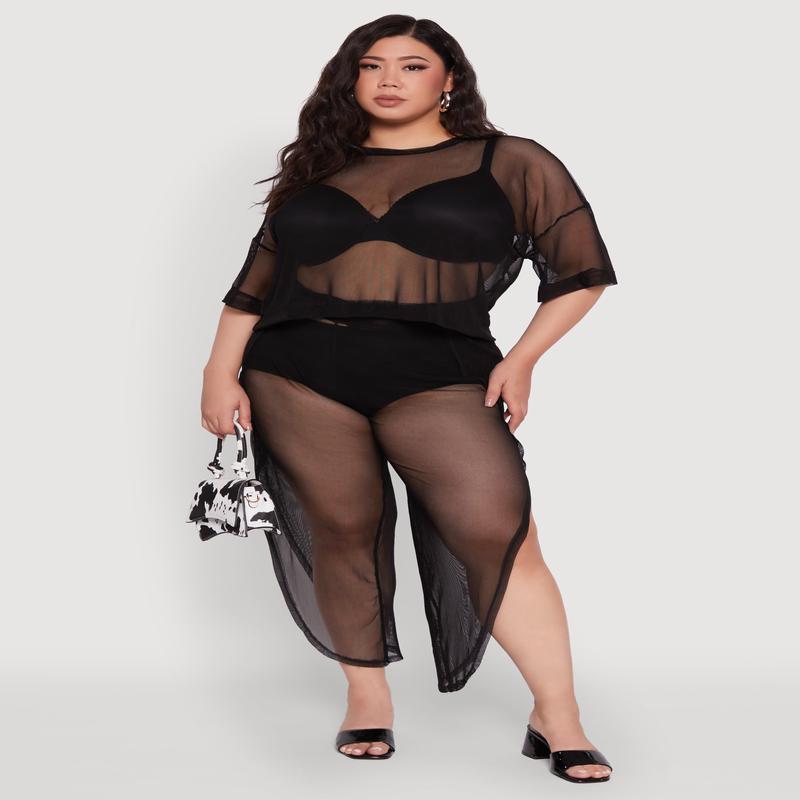 Plus Size Trendy High Waist Side Slit Mesh Palazzo Pants