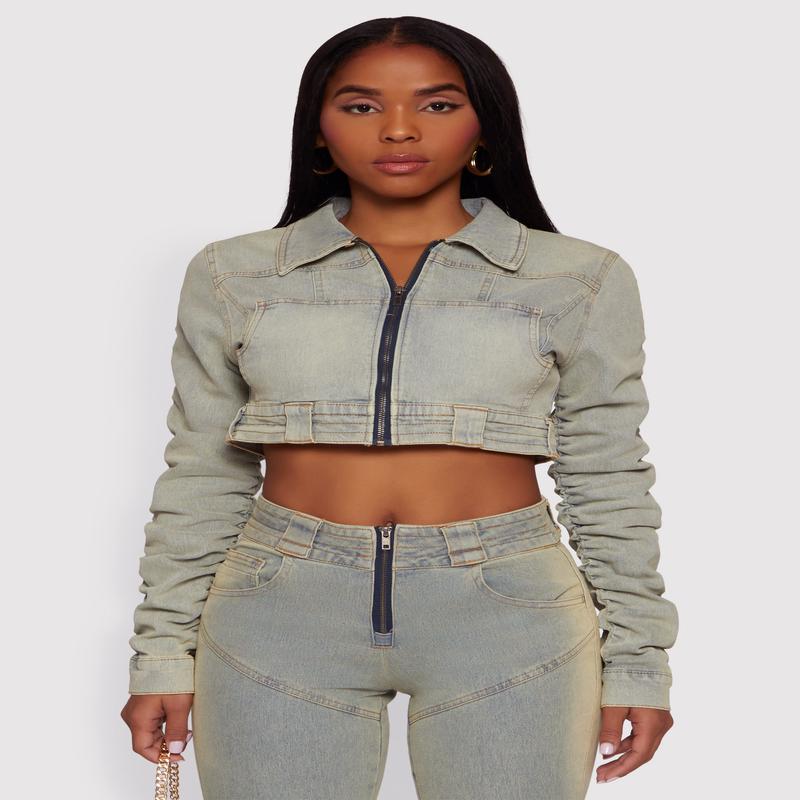 Acid Wash Cropped Zip Front Jean Jacket
