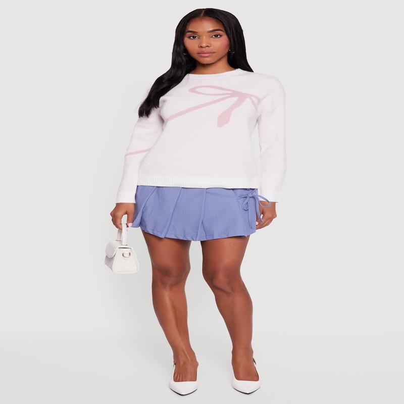 Brushed Knit Bow Graphic Pullover Sweater