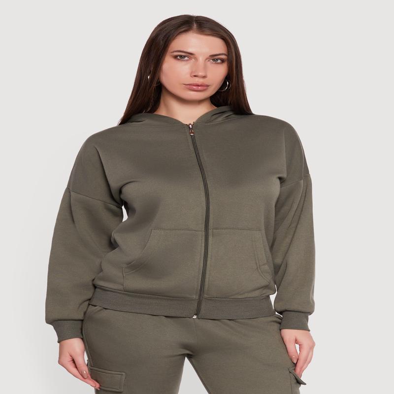 Drop Shoulder Zip Front Hoodie