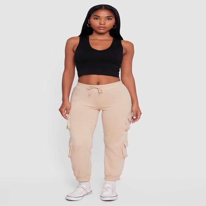High Waisted Fleece Multi Cargo Pocket Joggers