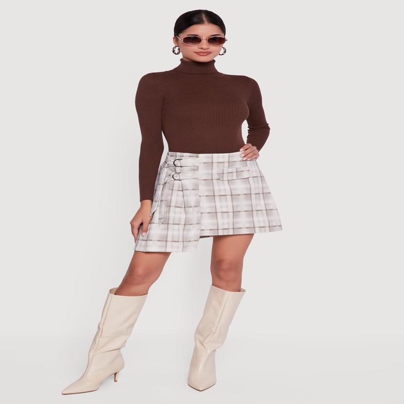 Plaid Double Belted Detail Asymmetrical Skirt