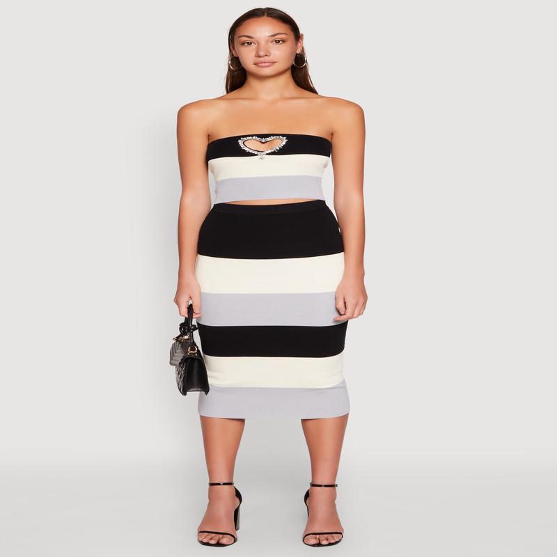 Color Block Knit Midi Skirt