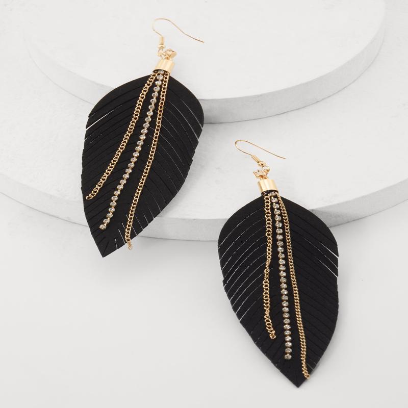 Faux Leather Rhinestone Chain Leaf Earrings