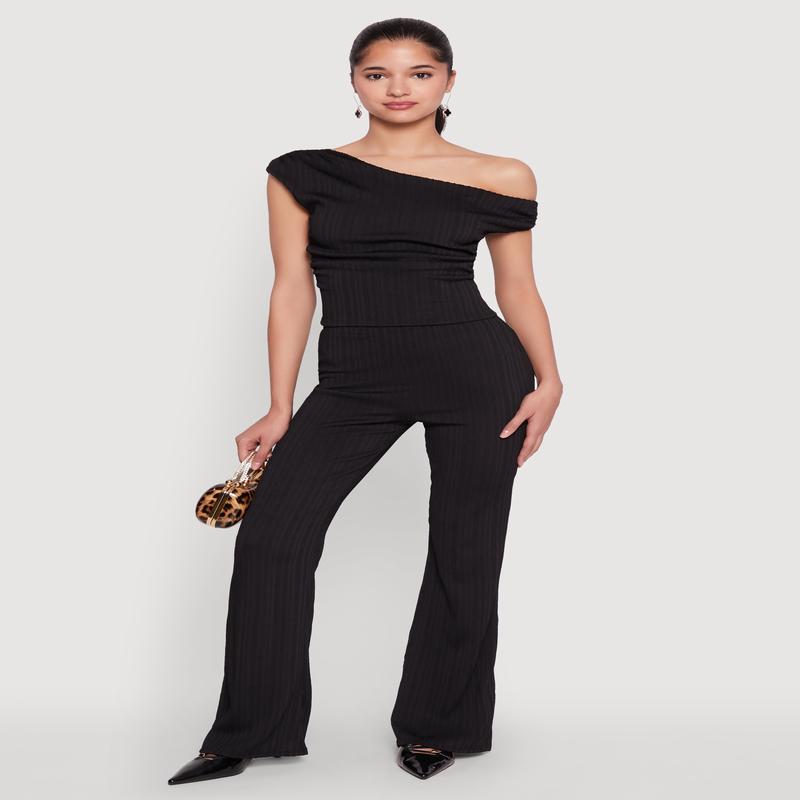 High Waisted Textured Knit Boot Cut Pants