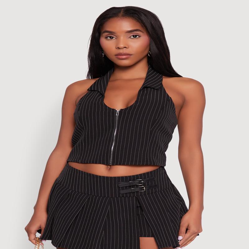 Iris Pinstripe Zip Front Collared Halter Top