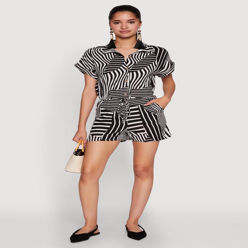 Patterned Button Front Romper