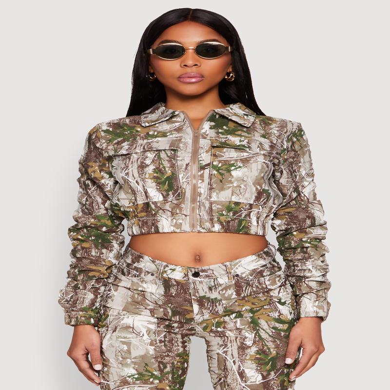 Printed Hyperstretch Ruched Sleeve Cropped Jacket